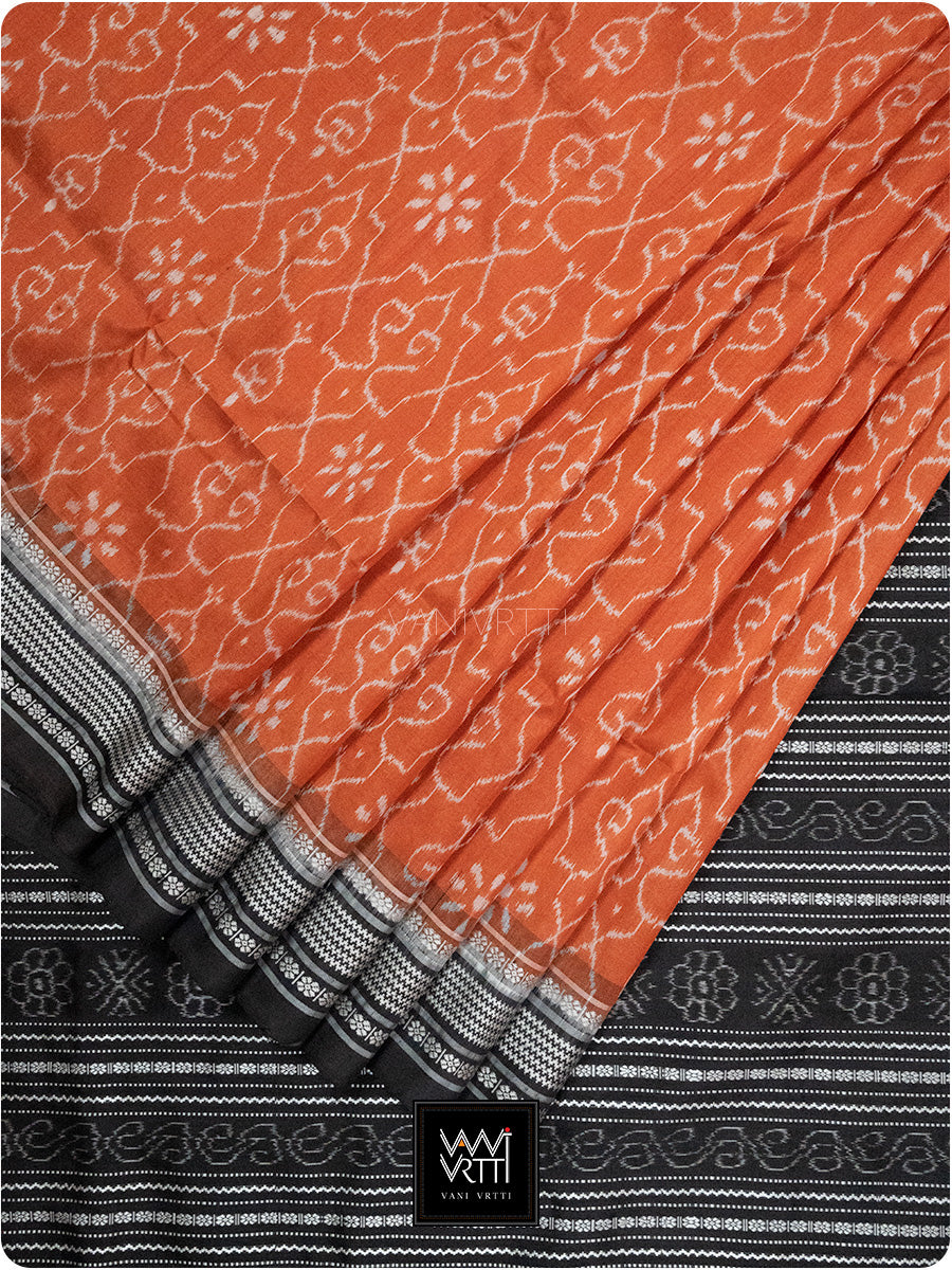 Orange Black Mughal Jaali Prakritik Madder, Haldi & Iron Rust Natural Dyed Mulberry Silk Ikat Saree