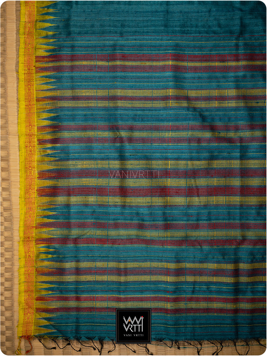 Deep Teal Red Mustard Aarush Handspun Tussar Silk Saree