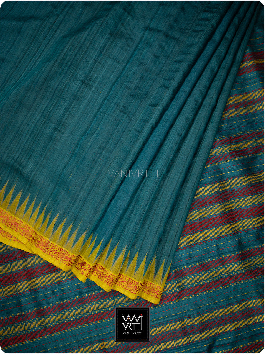 Deep Teal Red Mustard Aarush Handspun Tussar Silk Saree