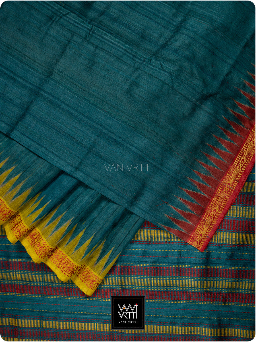 Deep Teal Red Mustard Aarush Handspun Tussar Silk Saree