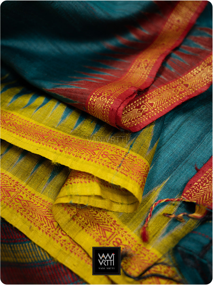 Deep Teal Red Mustard Aarush Handspun Tussar Silk Saree