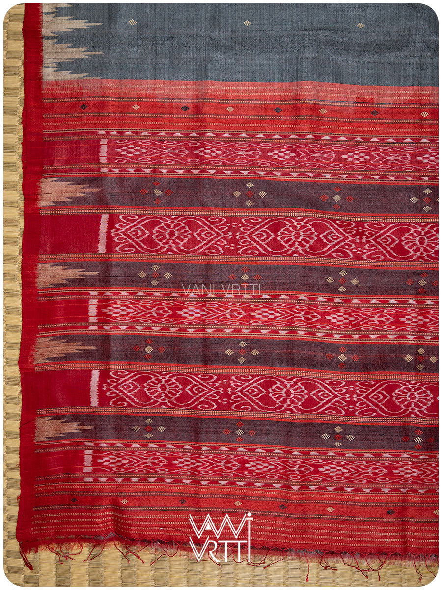Grey Red Nadi Handspun Tussar Silk Saree