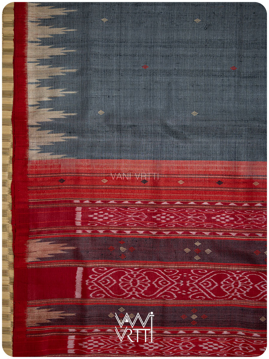 Grey Red Nadi Handspun Tussar Silk Saree