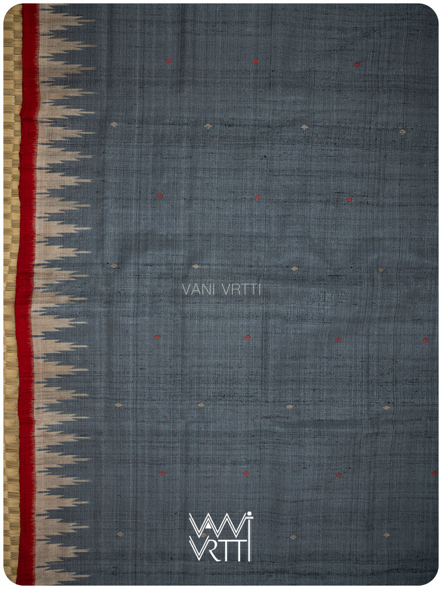 Grey Red Nadi Handspun Tussar Silk Saree