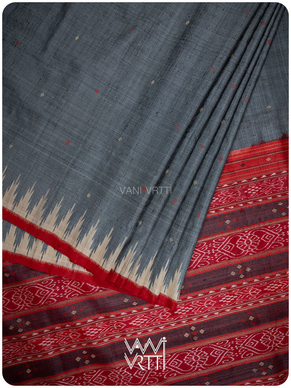 Grey Red Nadi Handspun Tussar Silk Saree