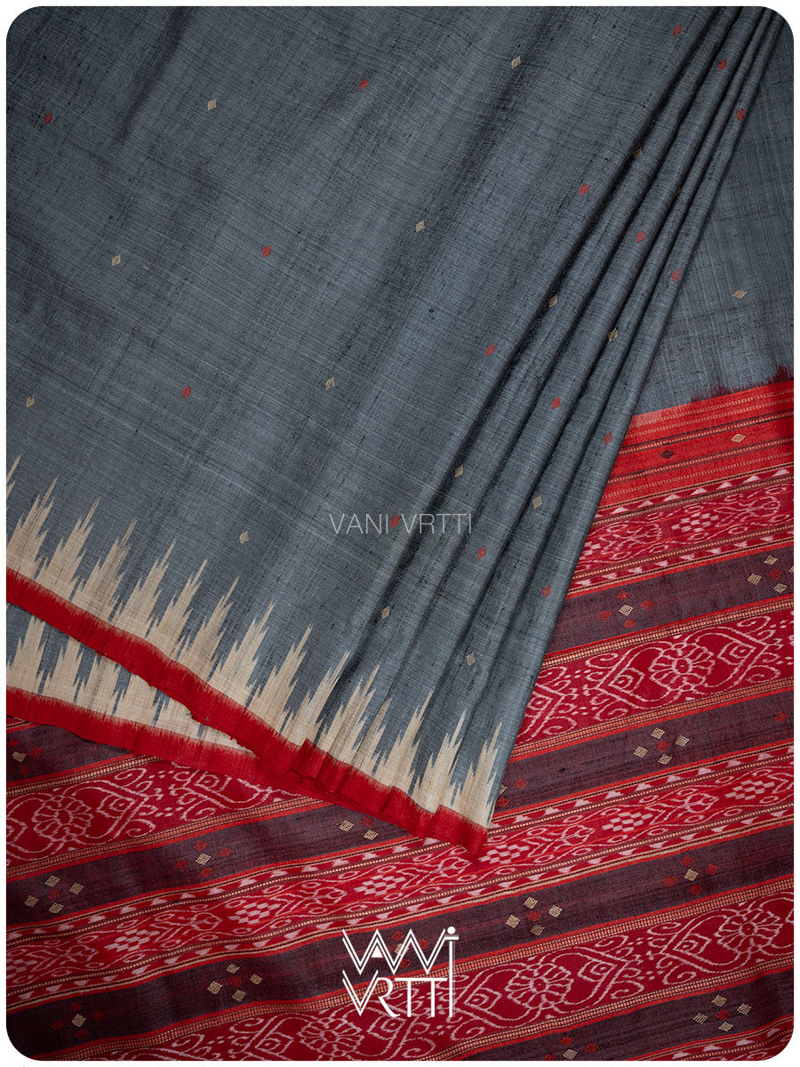 Grey Red Nadi Handspun Tussar Silk Saree