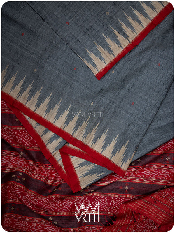 Grey Red Nadi Handspun Tussar Silk Saree