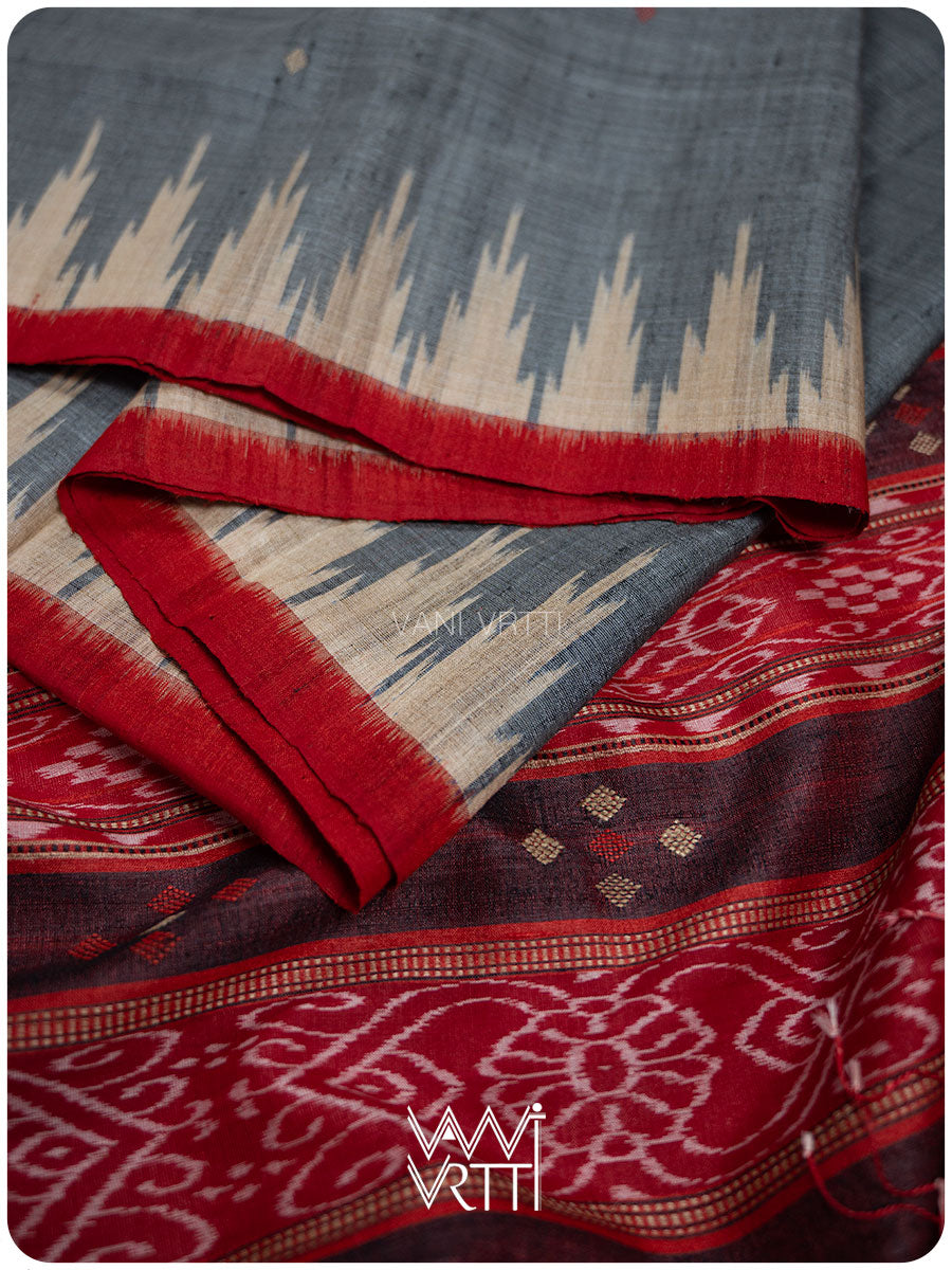 Grey Red Nadi Handspun Tussar Silk Saree