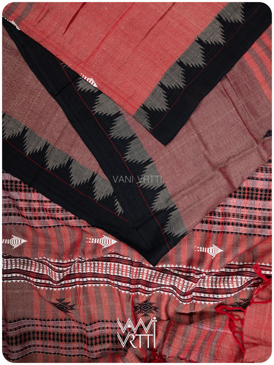 Sheer Red Color Blocking Natural Dyed Phoda Kumbha Handwoven Cotton Tussar Kotpad Saree