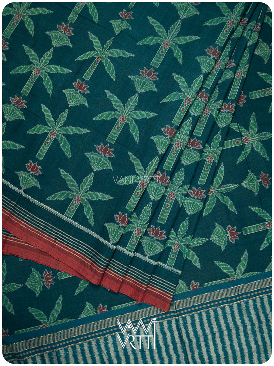 Bottle Green Banana Tree Fine Cotton Ikat Saree