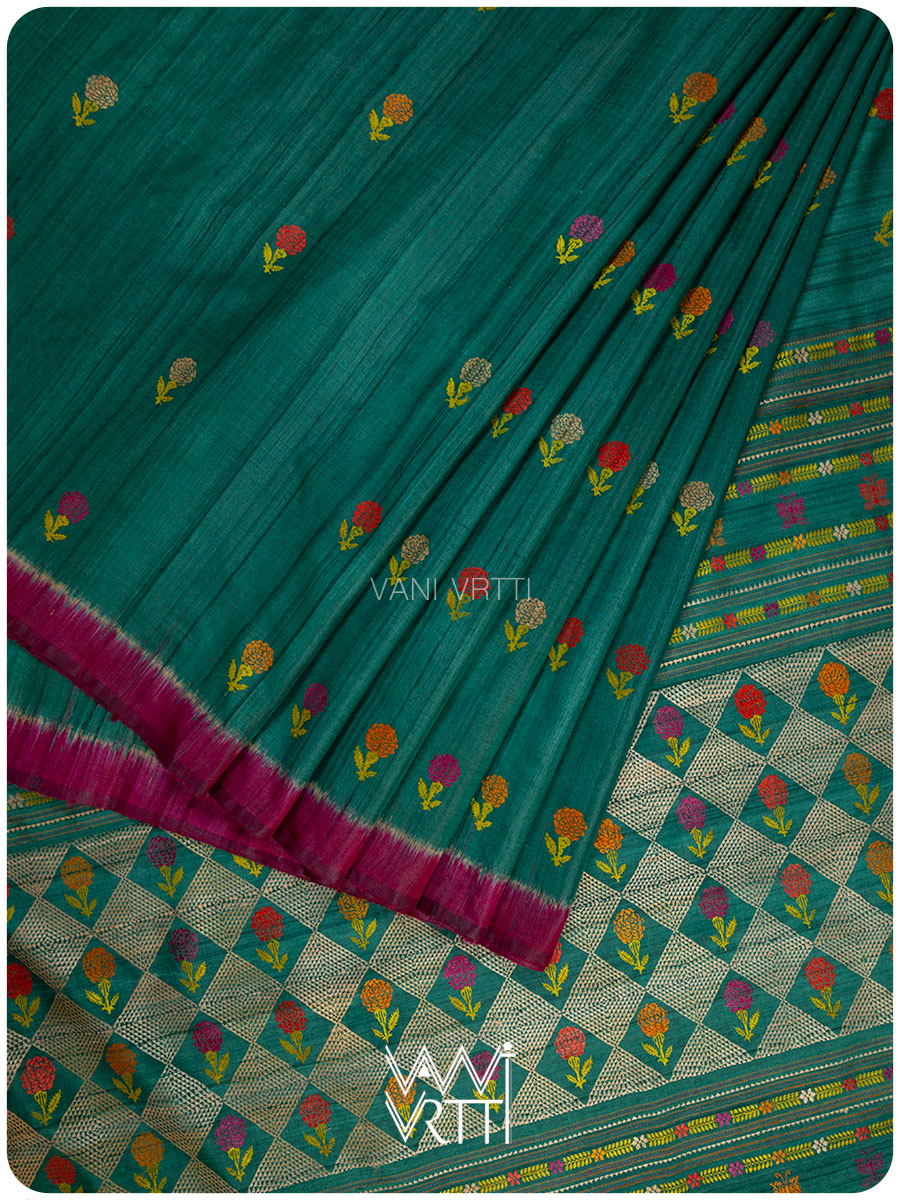 Emerald Green Marigold Wild Garden Master Weave Exclusive Handspun Tussar Silk Saree