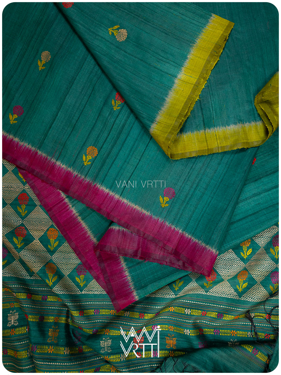 Emerald Green Marigold Wild Garden Master Weave Exclusive Handspun Tussar Silk Saree