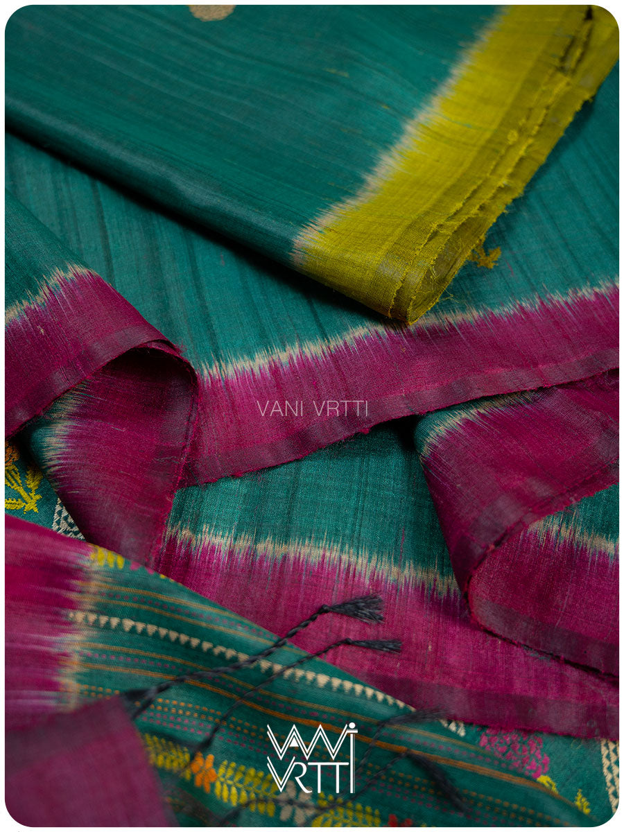 Emerald Green Marigold Wild Garden Master Weave Exclusive Handspun Tussar Silk Saree