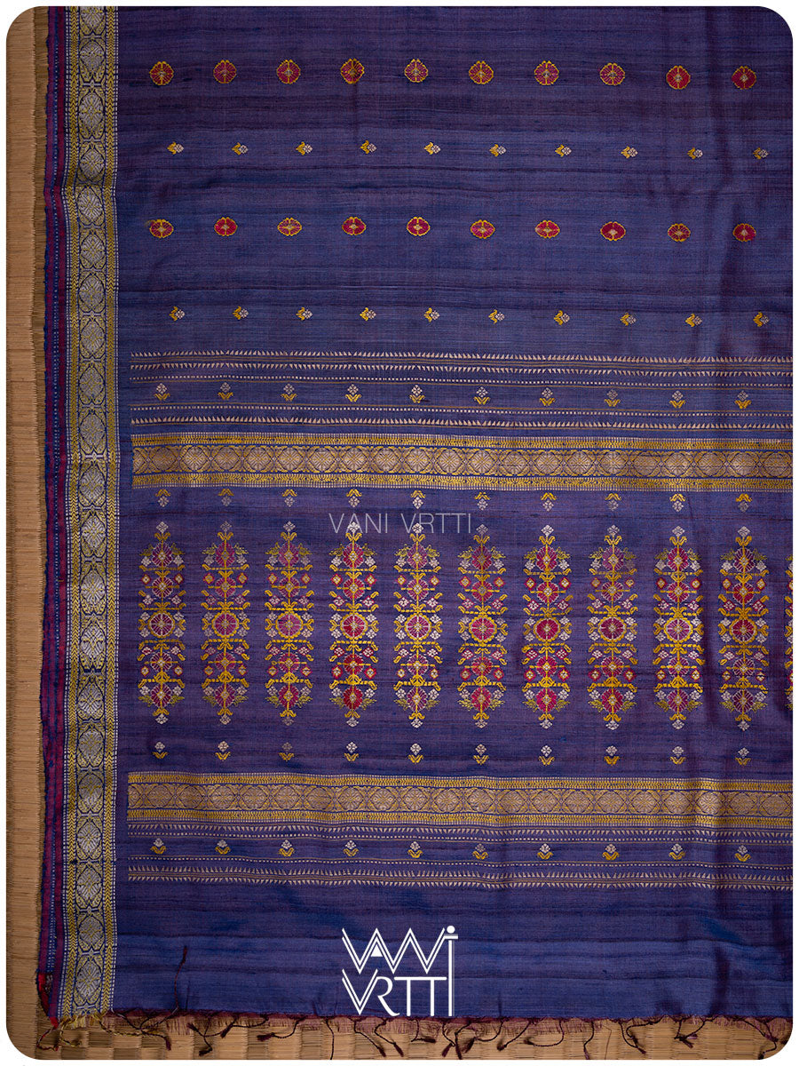 Purplish Blue Brahma Kamal Master Weave Exclusive Handspun Tussar Silk Saree