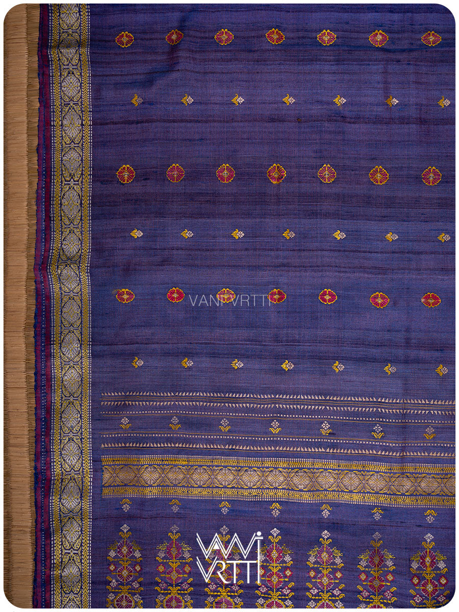 Purplish Blue Brahma Kamal Master Weave Exclusive Handspun Tussar Silk Saree
