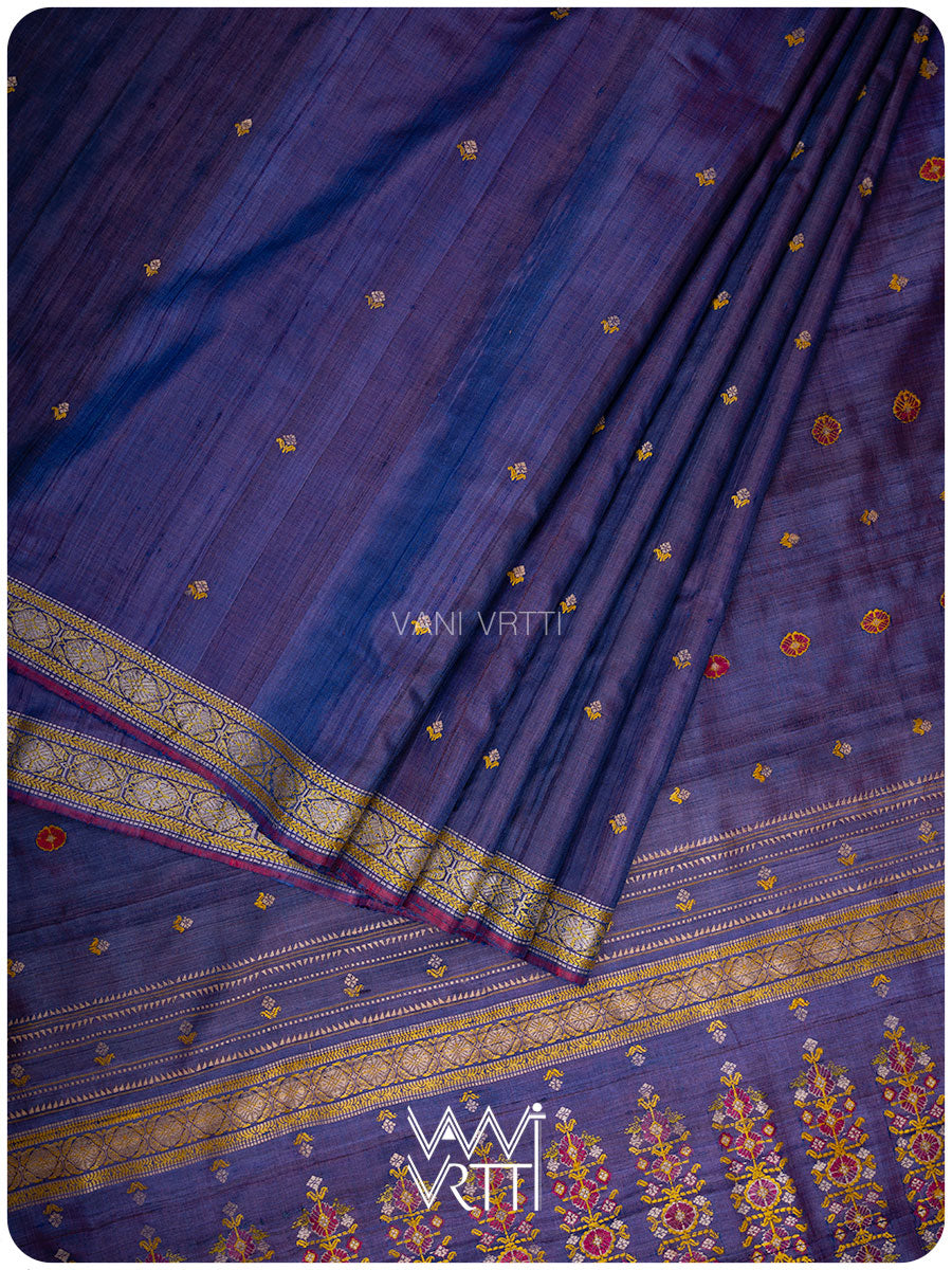Purplish Blue Brahma Kamal Master Weave Exclusive Handspun Tussar Silk Saree