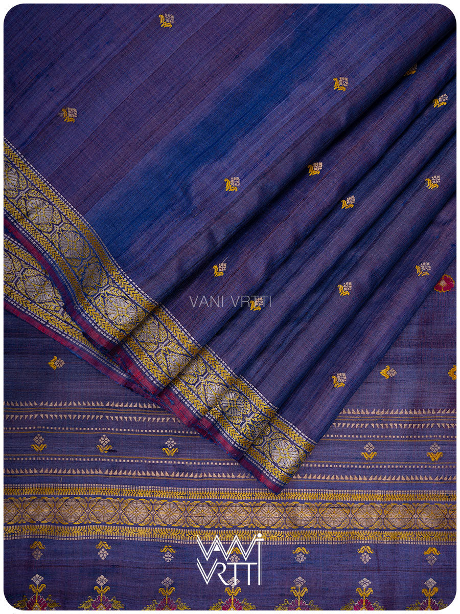 Purplish Blue Brahma Kamal Master Weave Exclusive Handspun Tussar Silk Saree