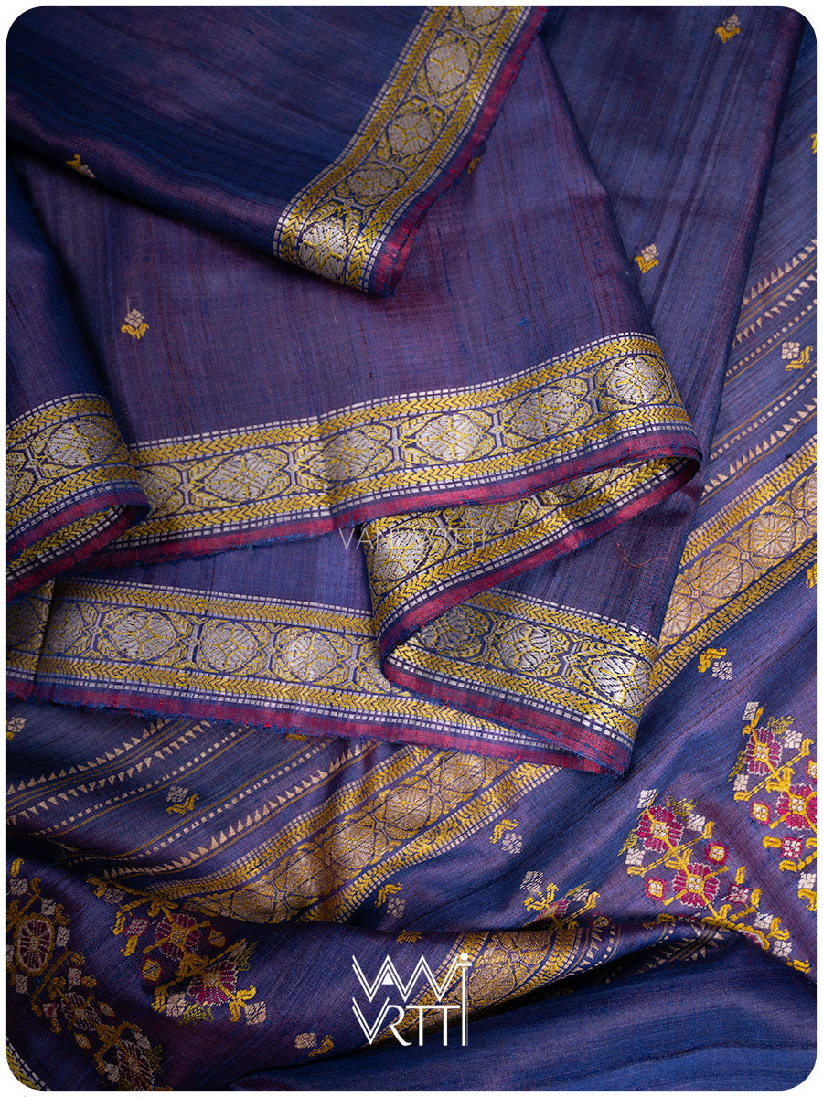Purplish Blue Brahma Kamal Master Weave Exclusive Handspun Tussar Silk Saree