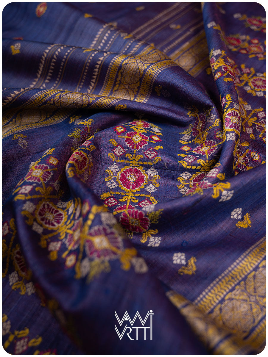 Purplish Blue Brahma Kamal Master Weave Exclusive Handspun Tussar Silk Saree