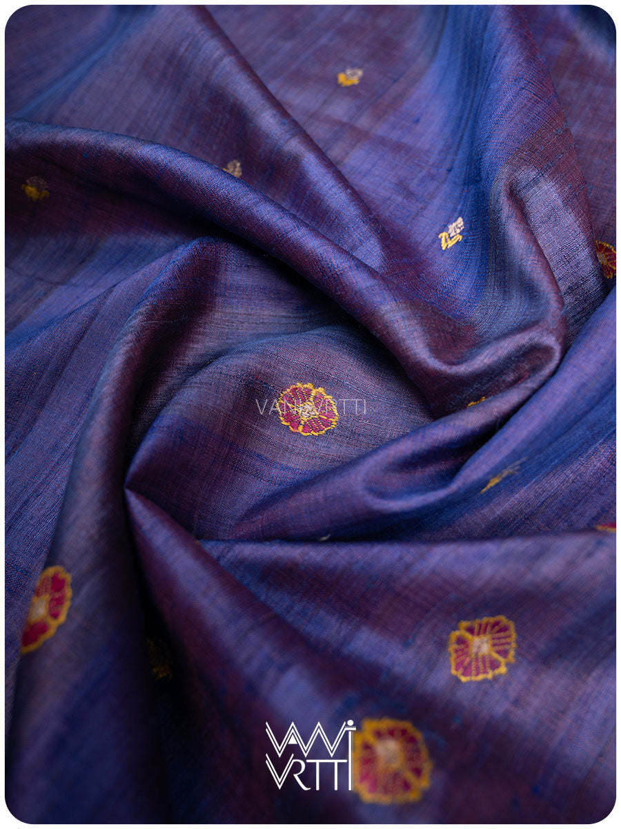 Purplish Blue Brahma Kamal Master Weave Exclusive Handspun Tussar Silk Saree