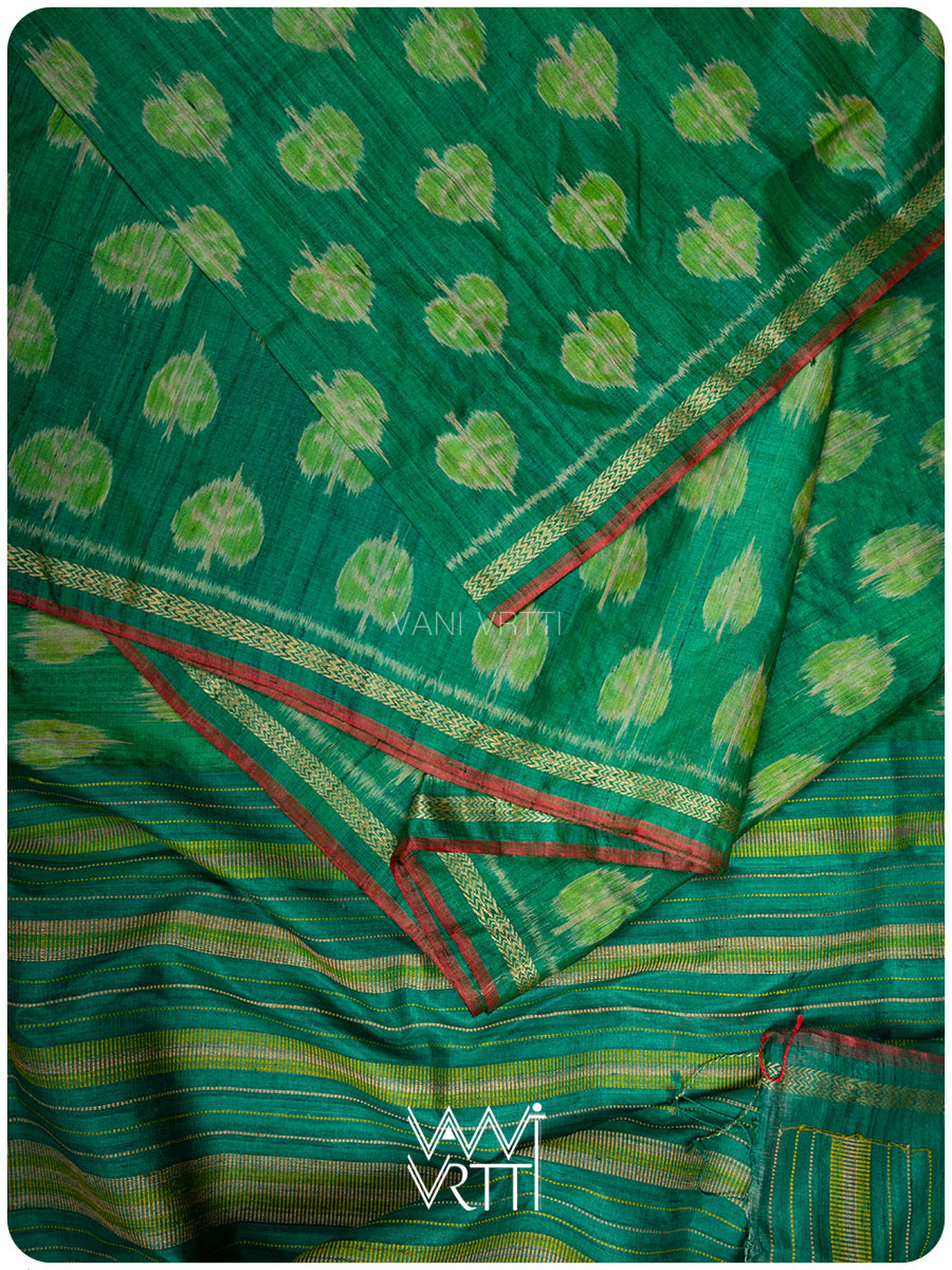 Emerald Green Peepal Ikat Handspun Tussar Silk Saree