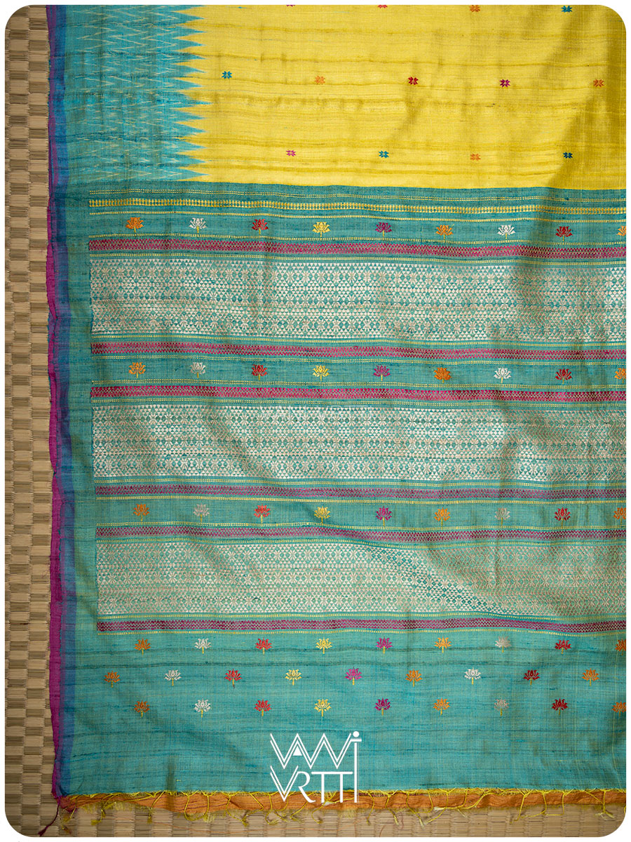 Yellow Sea Blue Pink Anjana Handspun Tussar Silk Saree