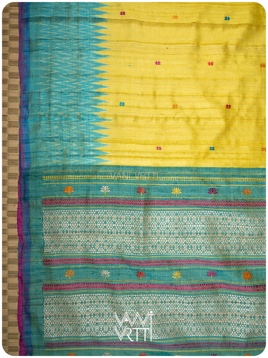 Yellow Sea Blue Pink Anjana Handspun Tussar Silk Saree