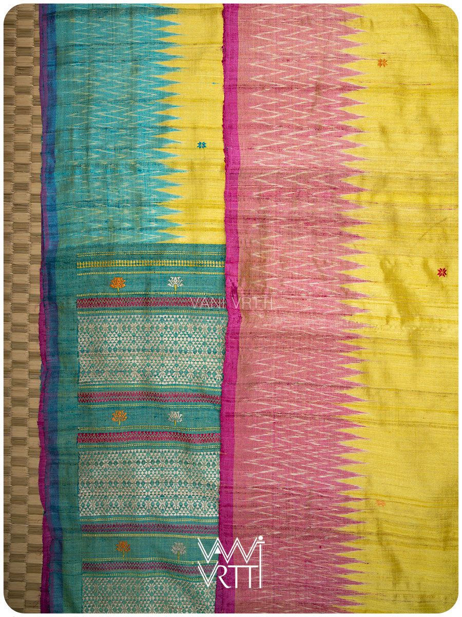 Yellow Sea Blue Pink Anjana Handspun Tussar Silk Saree