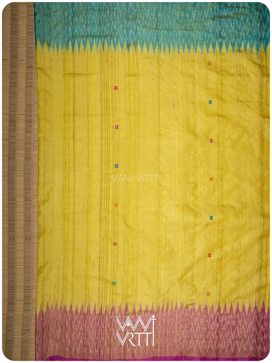 Yellow Sea Blue Pink Anjana Handspun Tussar Silk Saree