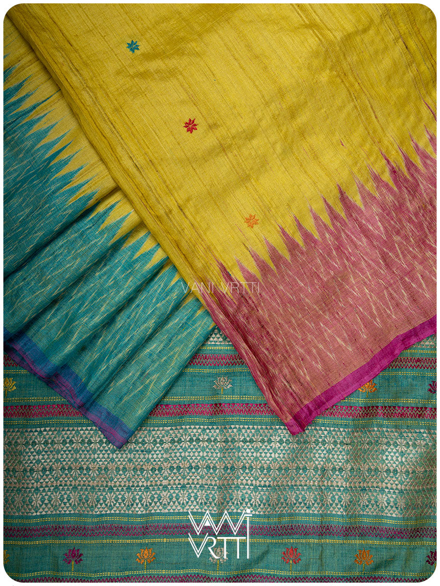 Yellow Sea Blue Pink Anjana Handspun Tussar Silk Saree