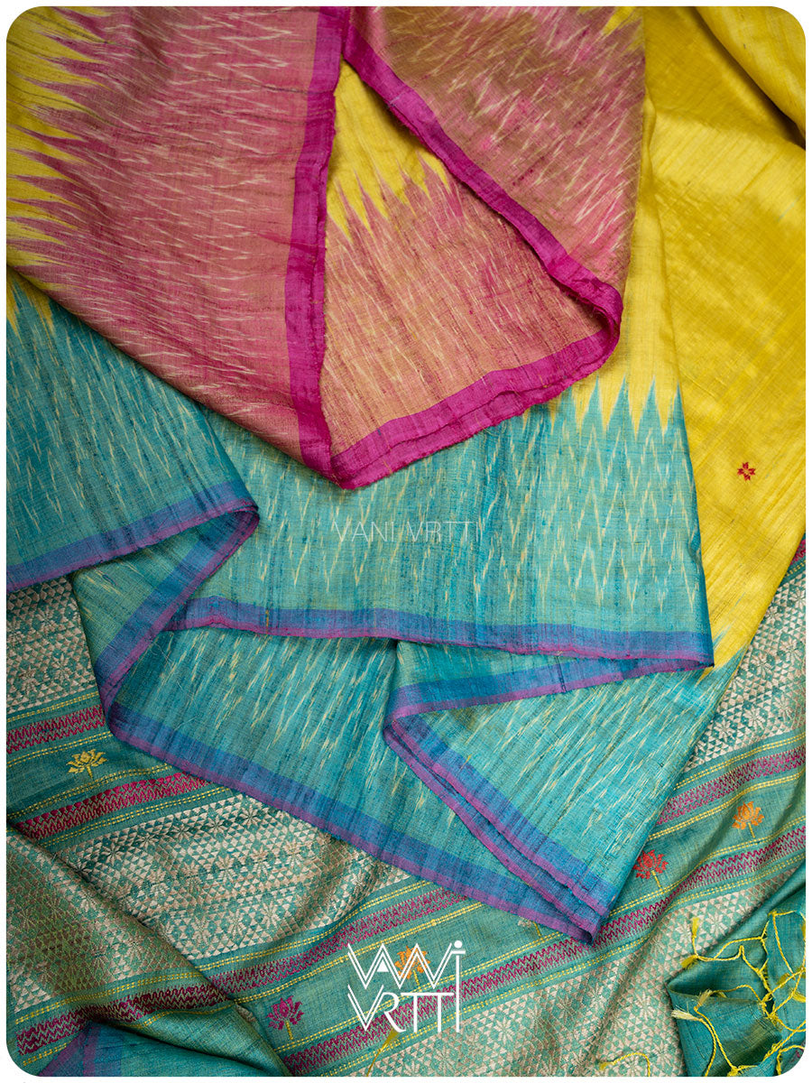 Yellow Sea Blue Pink Anjana Handspun Tussar Silk Saree