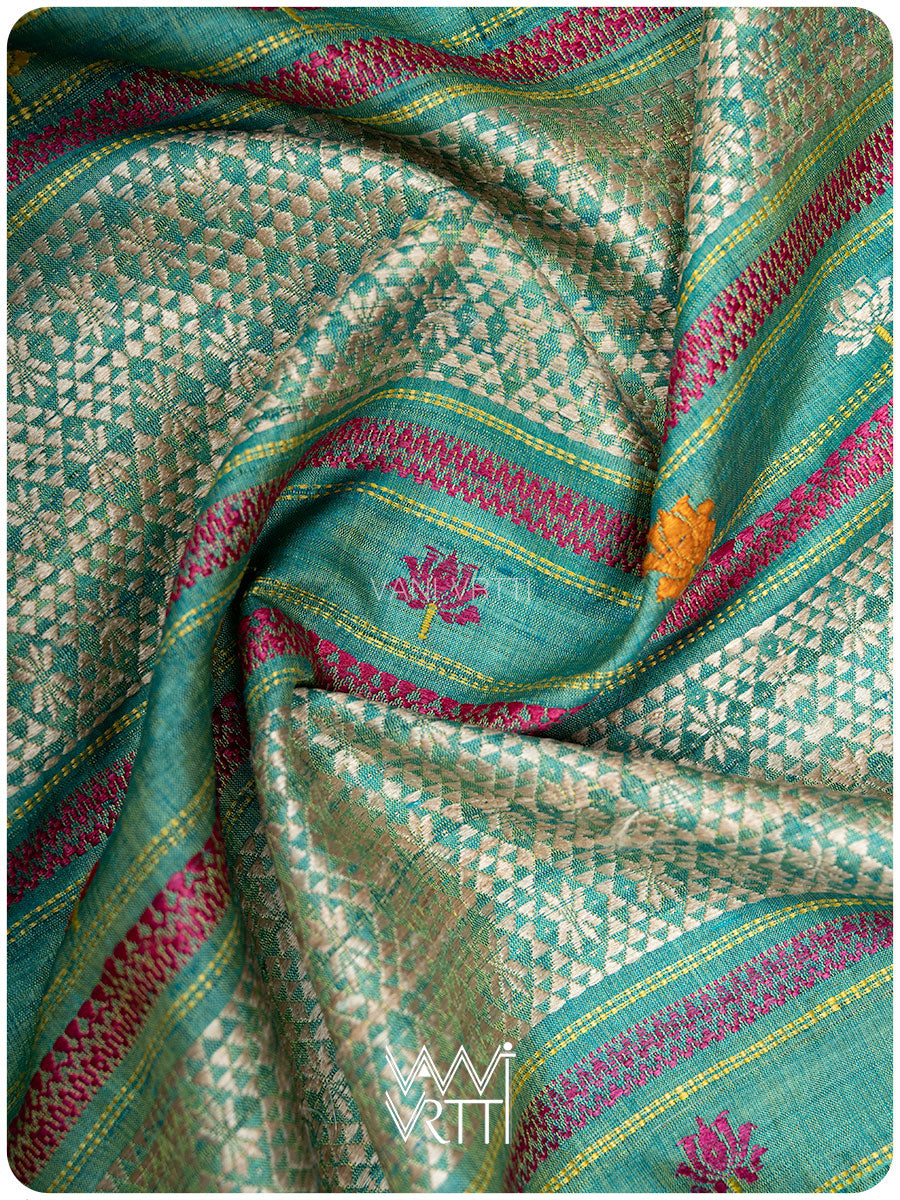 Yellow Sea Blue Pink Anjana Handspun Tussar Silk Saree