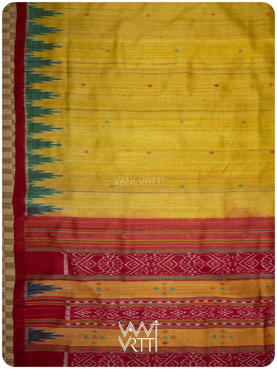 Banana Yellow Turquoise Nadi Handspun Tussar Silk Saree