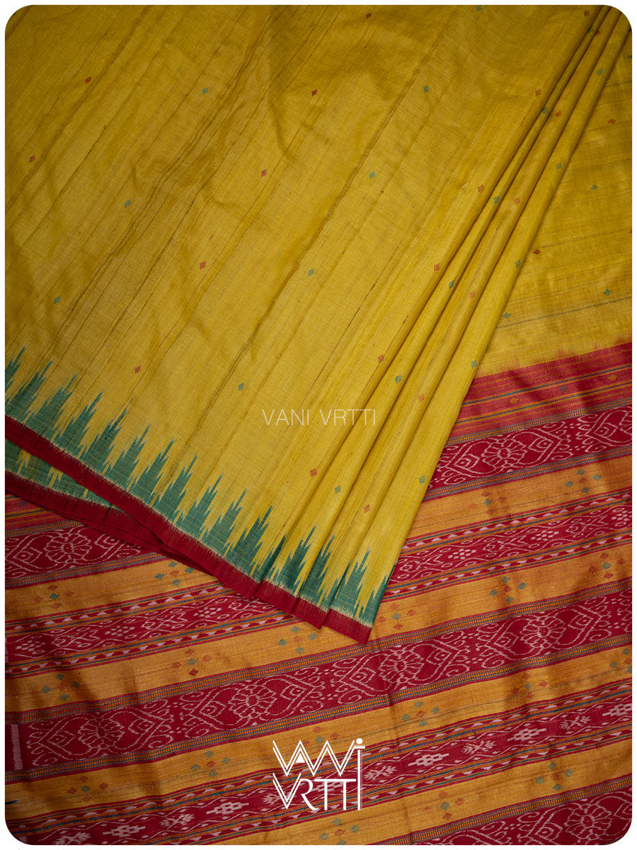 Banana Yellow Turquoise Nadi Handspun Tussar Silk Saree
