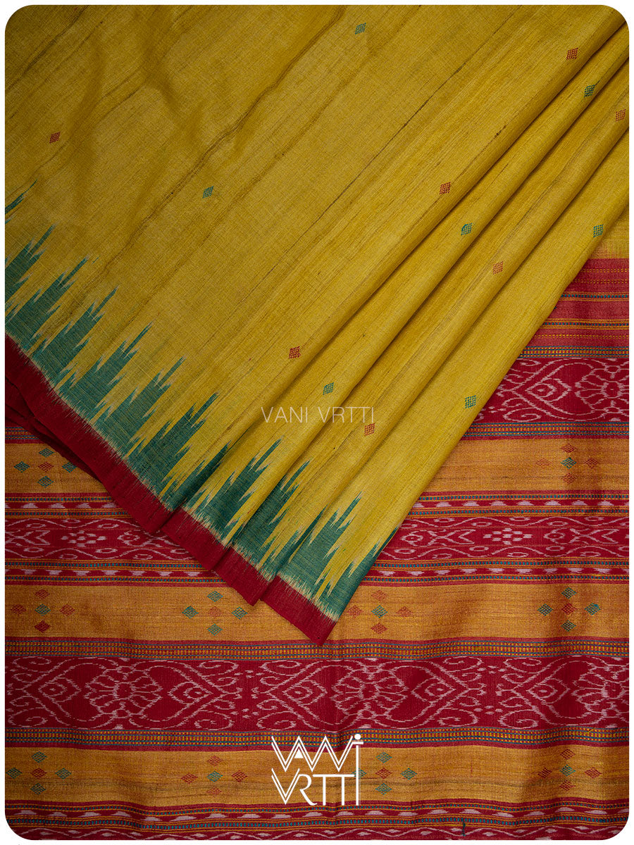 Banana Yellow Turquoise Nadi Handspun Tussar Silk Saree