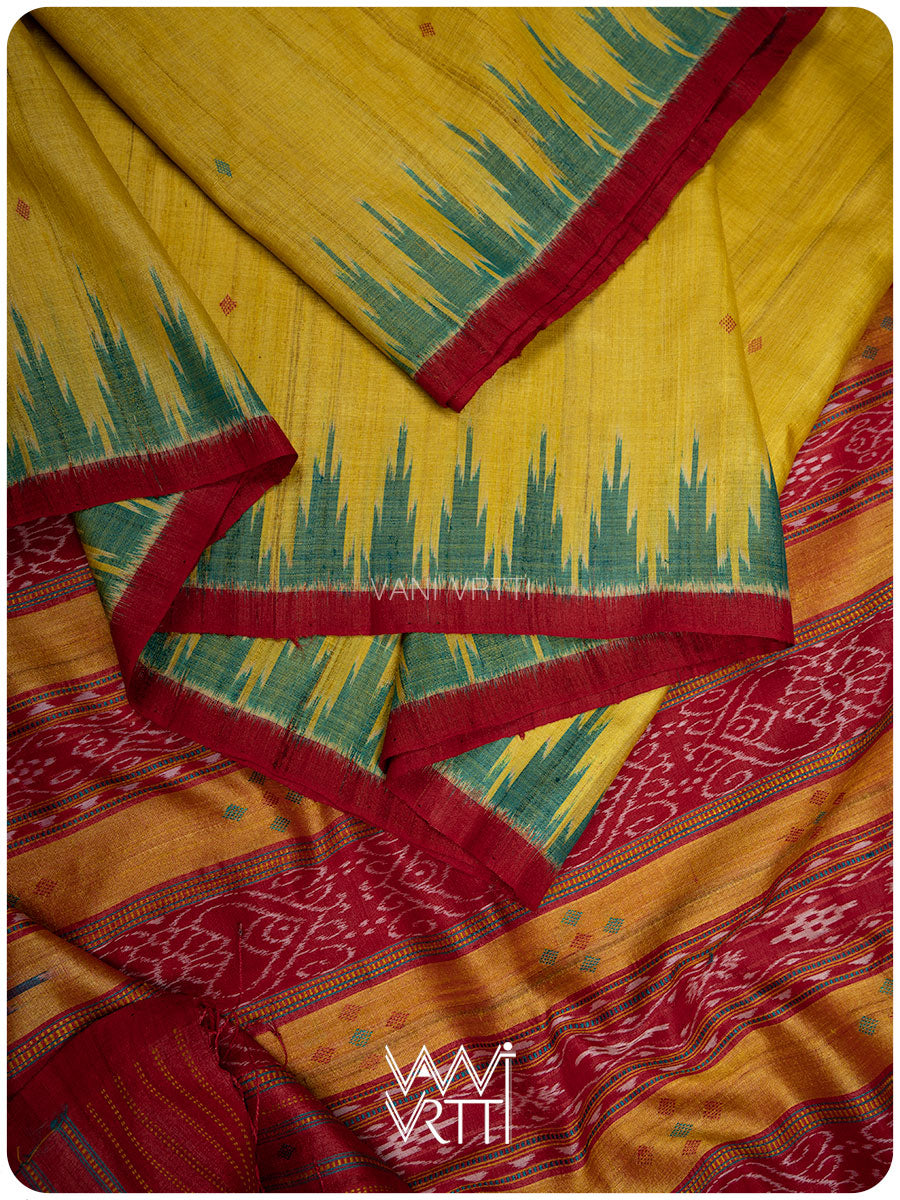 Banana Yellow Turquoise Nadi Handspun Tussar Silk Saree