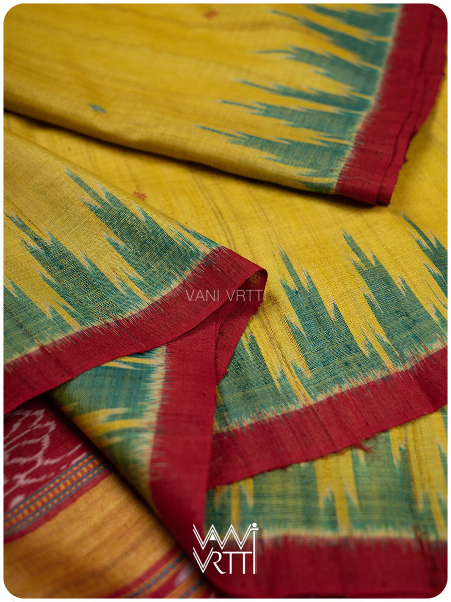 Banana Yellow Turquoise Nadi Handspun Tussar Silk Saree