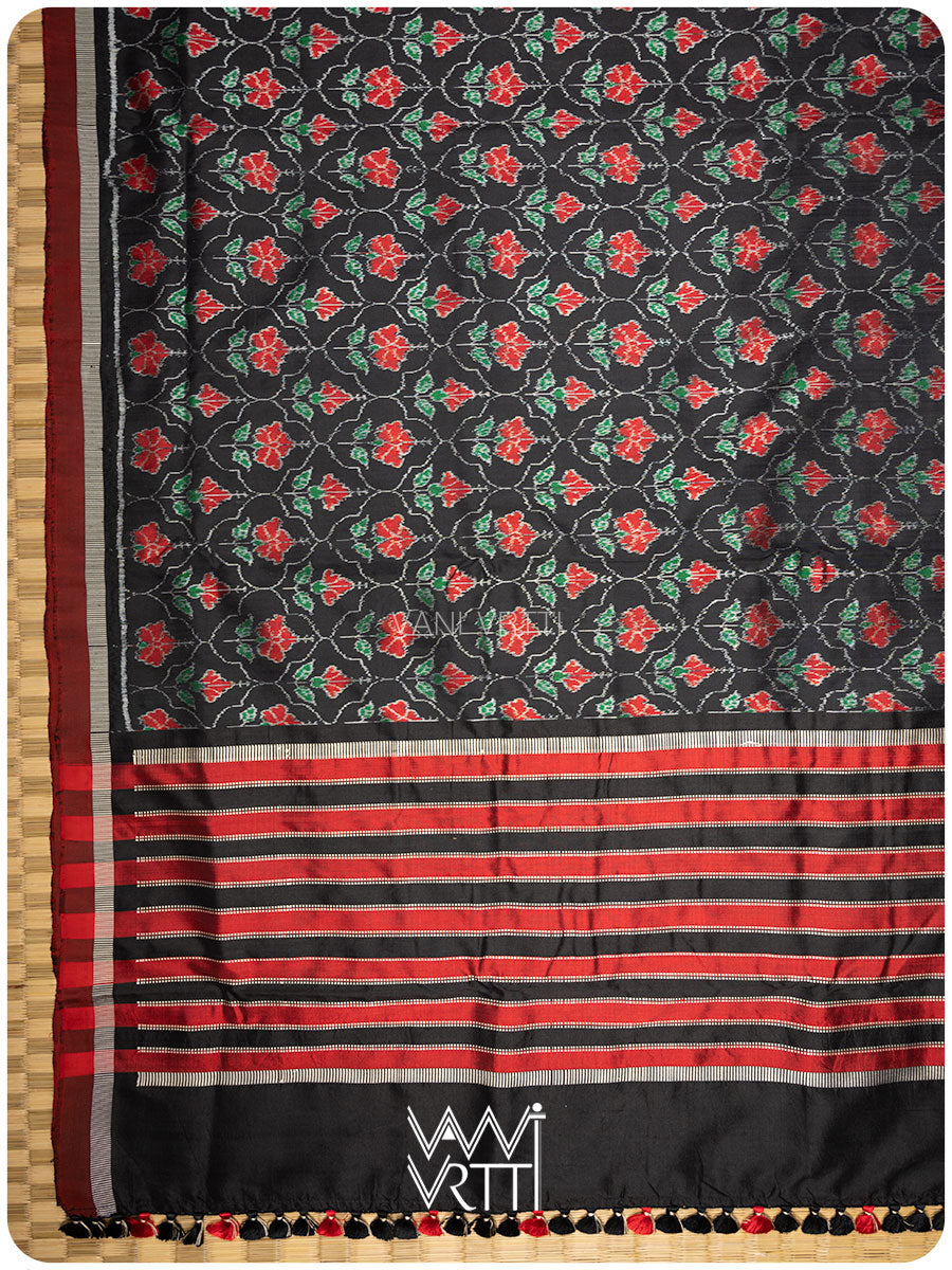Black Laal Jaba Mulberry Silk Ikat Sari