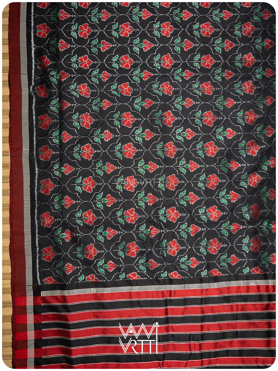 Black Laal Jaba Mulberry Silk Ikat Sari