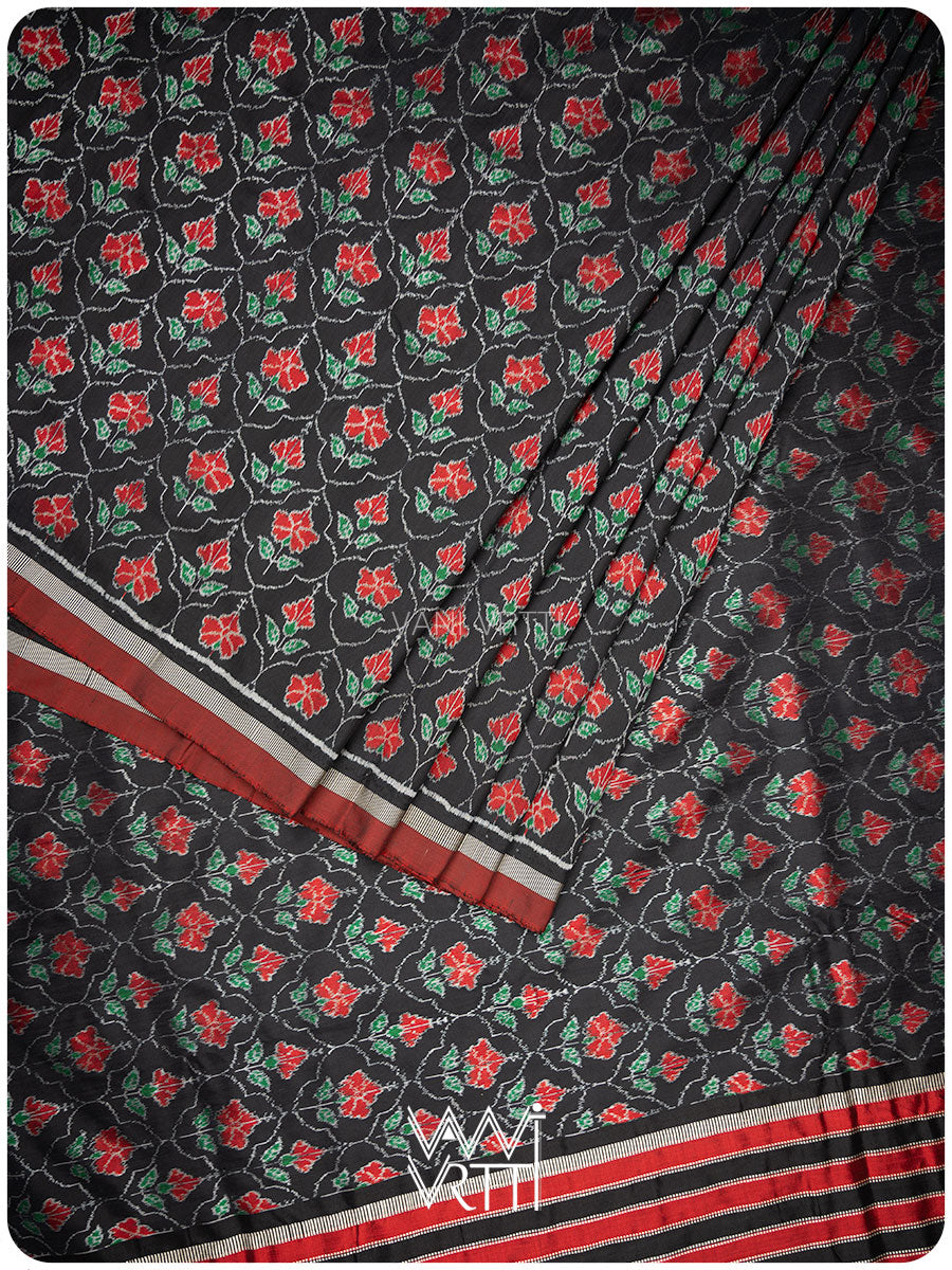 Black Laal Jaba Mulberry Silk Ikat Sari