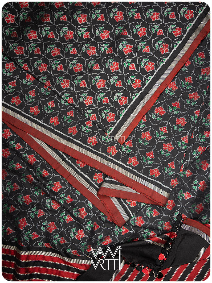 Black Laal Jaba Mulberry Silk Ikat Sari