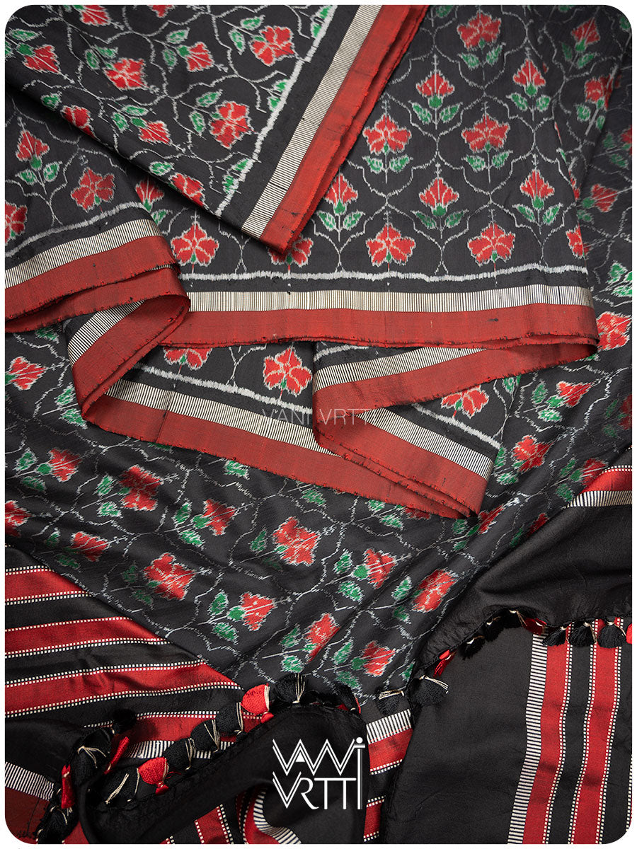 Black Laal Jaba Mulberry Silk Ikat Sari