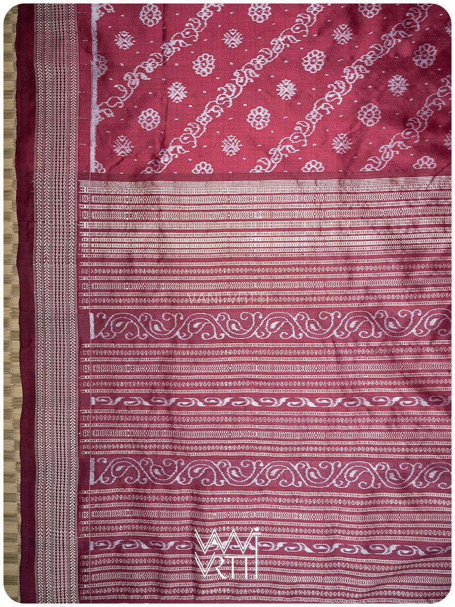 Burgundy Pink Mehendi Bail Phool Prakritik Lac Natural Dyed Mulberry Silk Ikat Saree