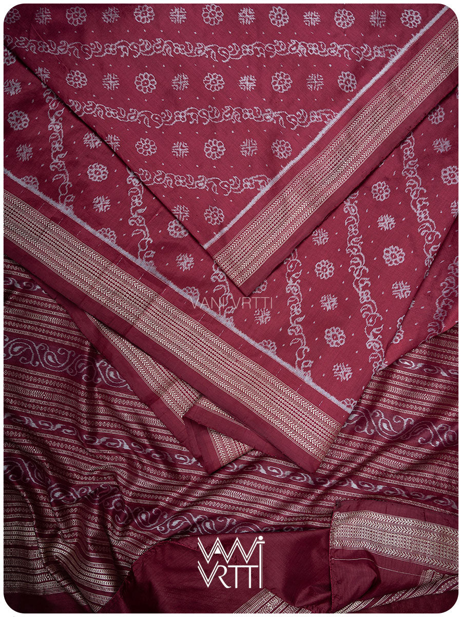 Burgundy Pink Mehendi Bail Phool Prakritik Lac Natural Dyed Mulberry Silk Ikat Saree