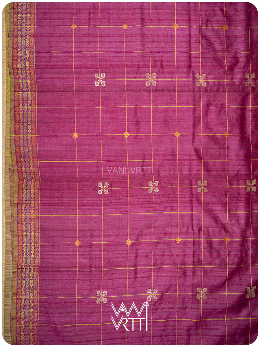 Deep Magenta Matsya Kachhap Checks Handspun Tussar Silk Saree