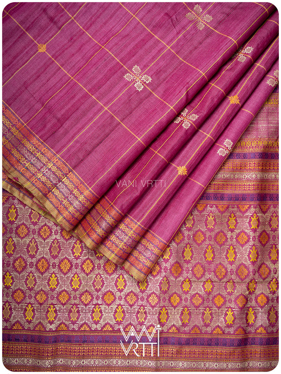 Deep Magenta Matsya Kachhap Checks Handspun Tussar Silk Saree