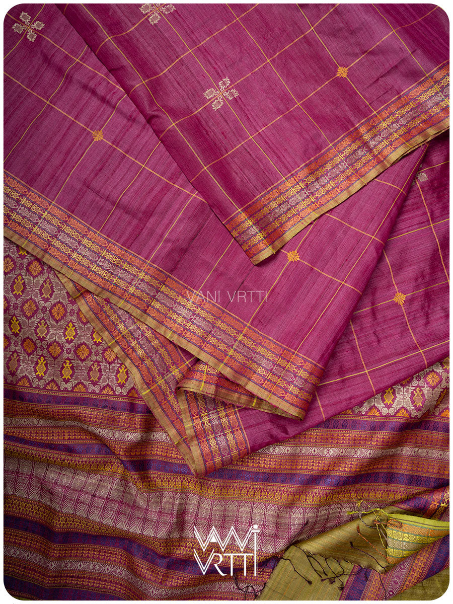 Deep Magenta Matsya Kachhap Checks Handspun Tussar Silk Saree