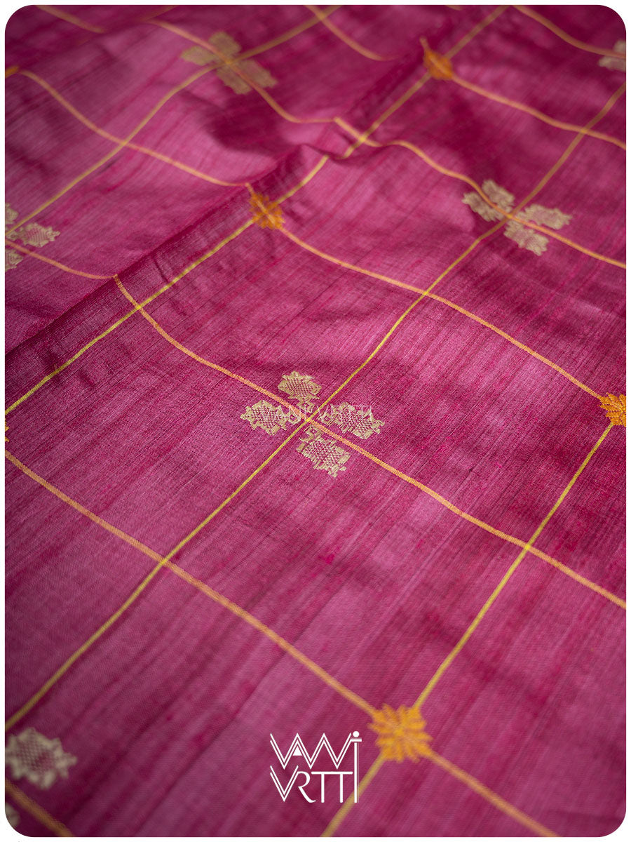 Deep Magenta Matsya Kachhap Checks Handspun Tussar Silk Saree