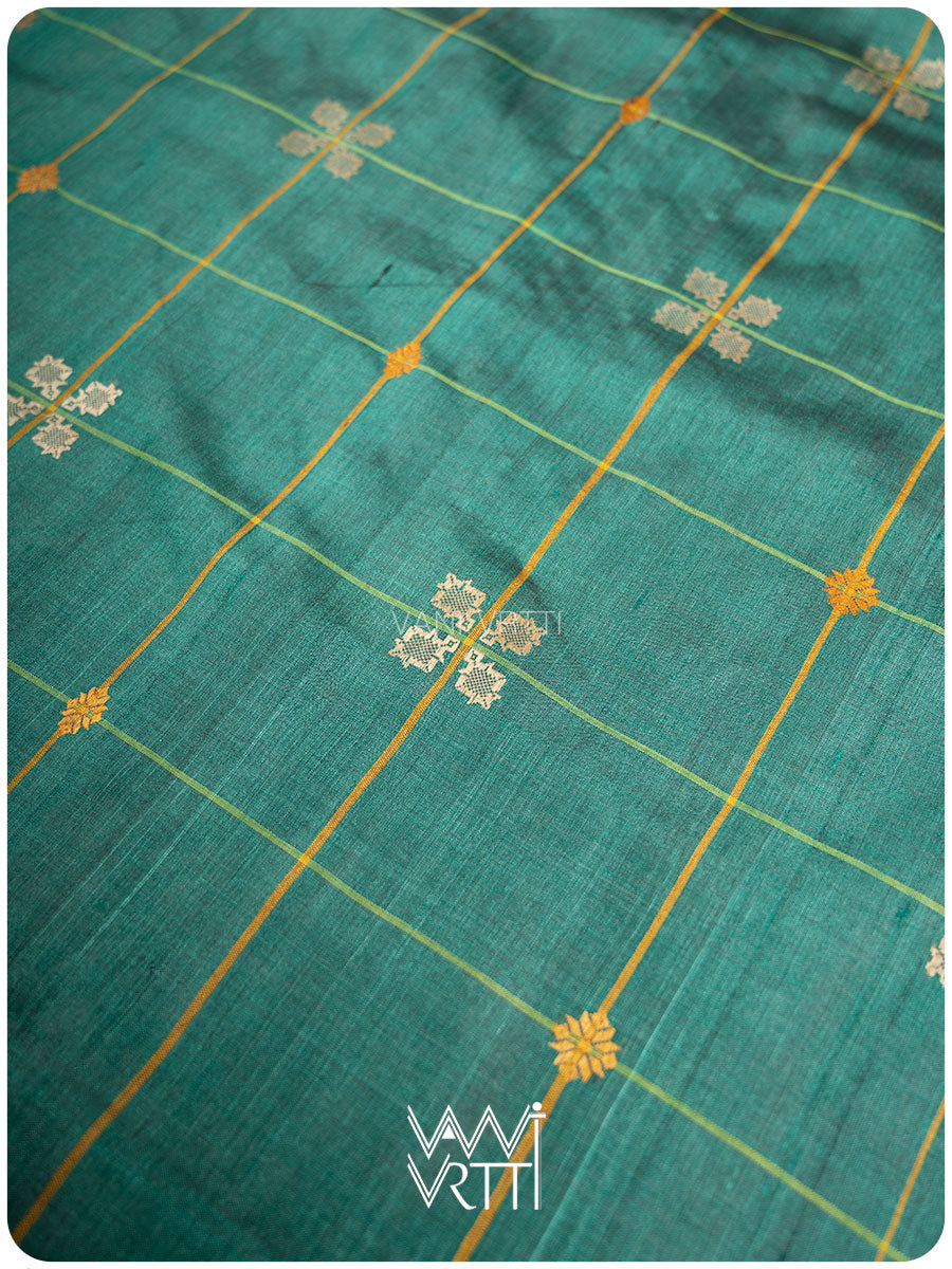 Emerald Green Matsya Kachhap Checks Handspun Tussar Silk Saree