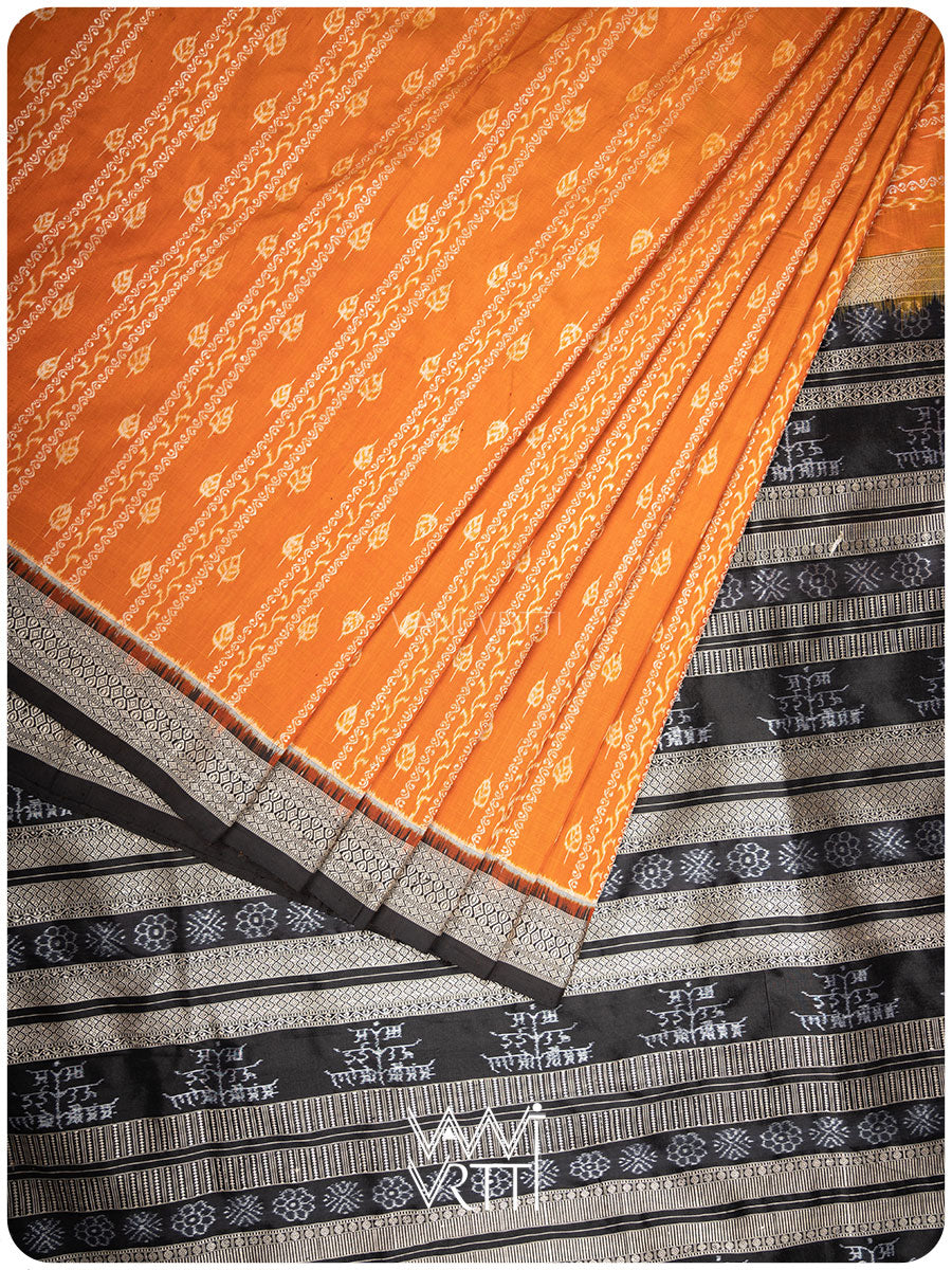 Peepal Narangi Black Prakritik Madder, Haldi & Iron Rust Natural Dyed Mulberry Silk Ikat Saree
